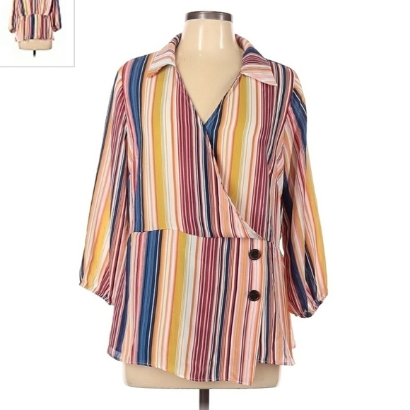 Cato Est. 1949 Stripe Multicolored Top Blouse Women's Large L Collared V- Neck - Picture 1 of 5